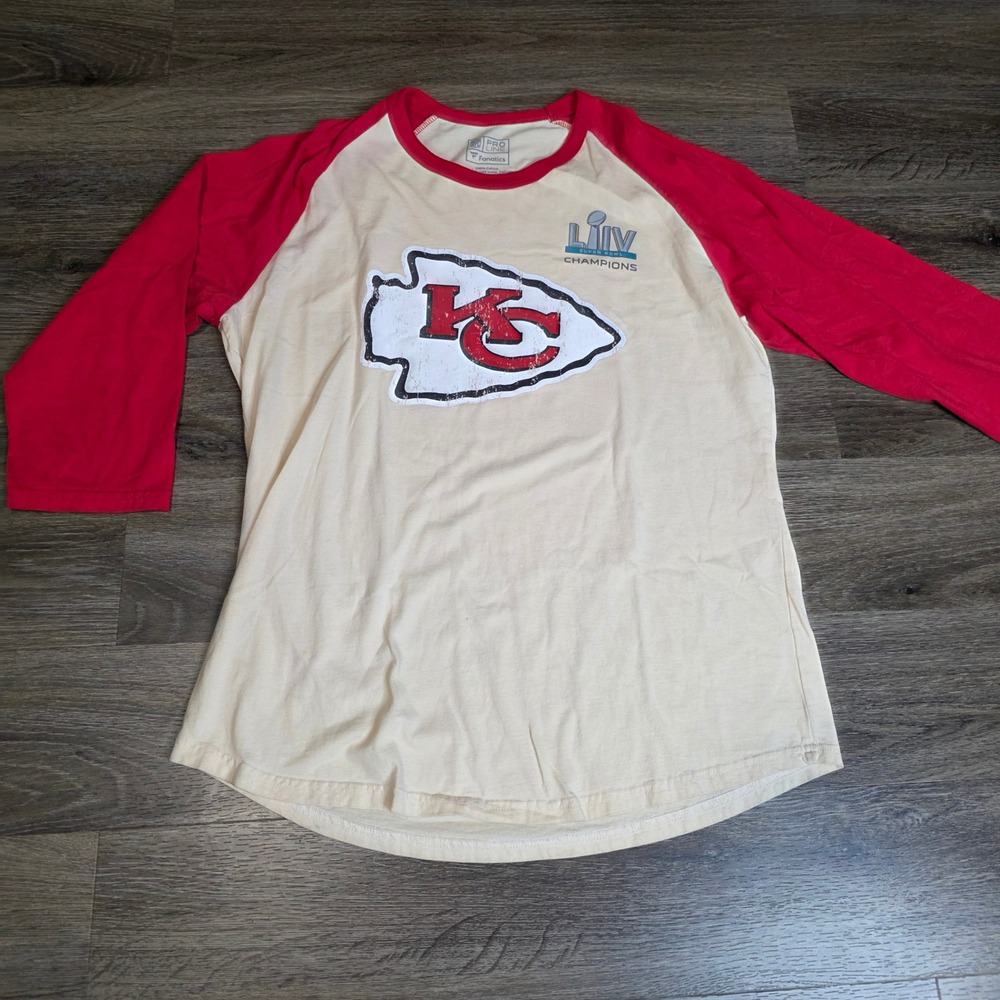 Fanatics Mens Large Raglan Shirt Red Cream Chiefs Mathieu Super Bowl LIV Champ